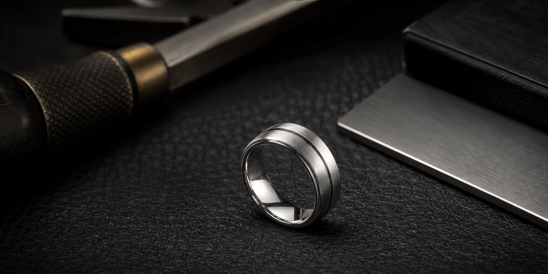 Engraved Rings For Men product photo with a masculine silver engraved ring on a dark workbench
